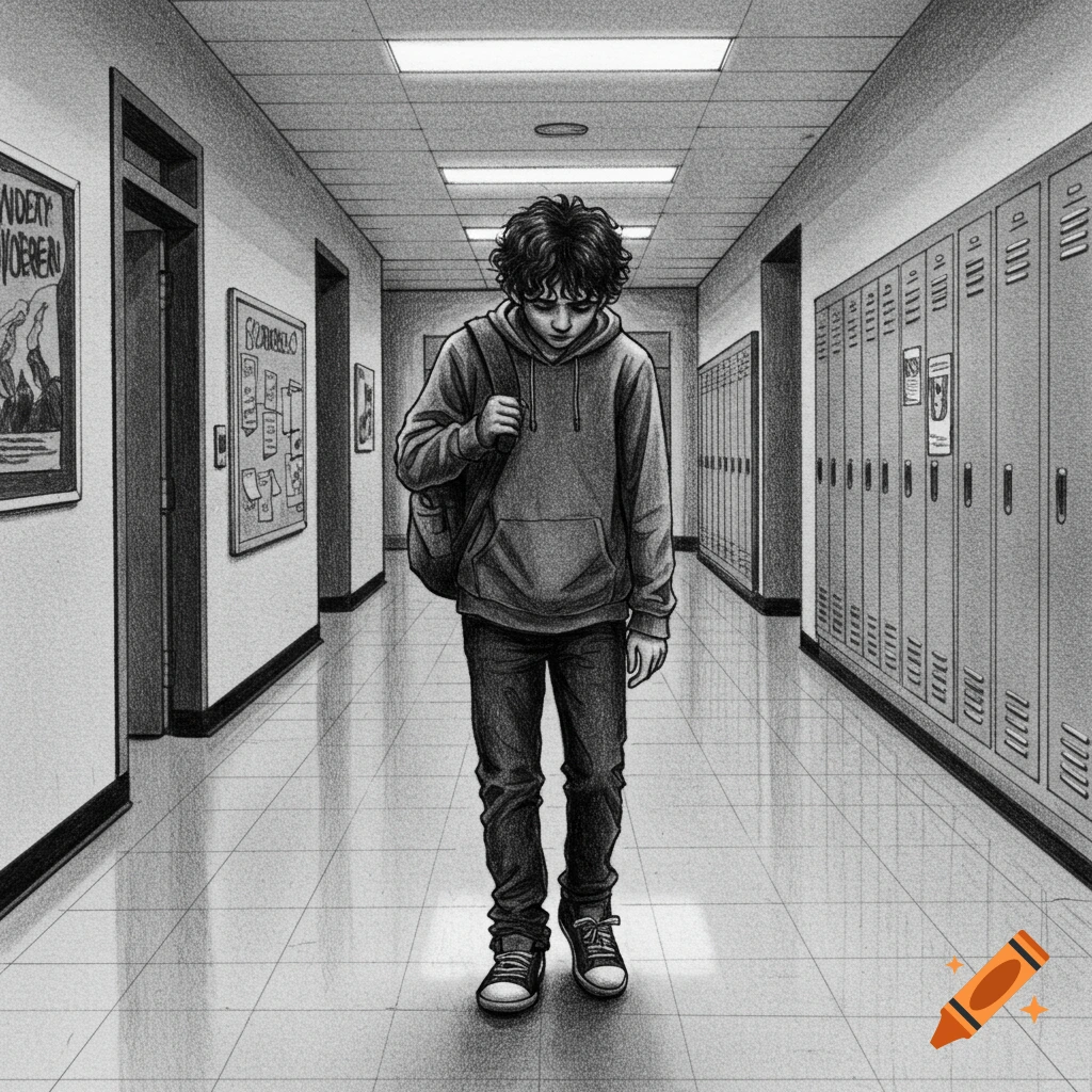 A sad teenager with a backpack walks down a school hallway in a monochrome pencil drawing.