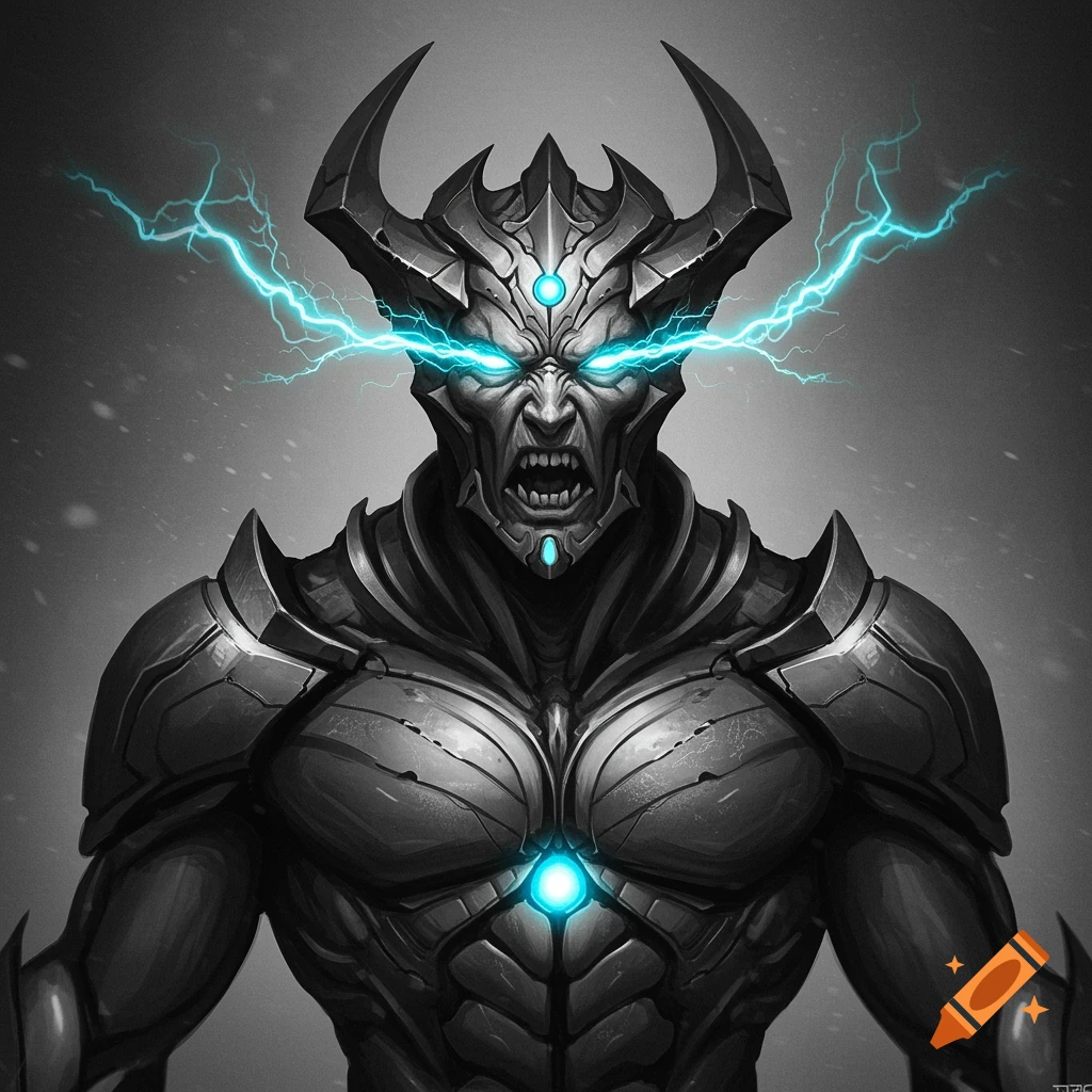An imposing armored demon with glowing blue eyes, lightning emanating from its face, and a fierce expression, in black and white.