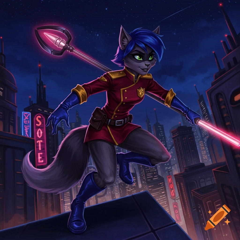 An anthropomorphic wolf-like character with blue hair in a red uniform, holding glowing weapons, leaping over a futuristic city at night.