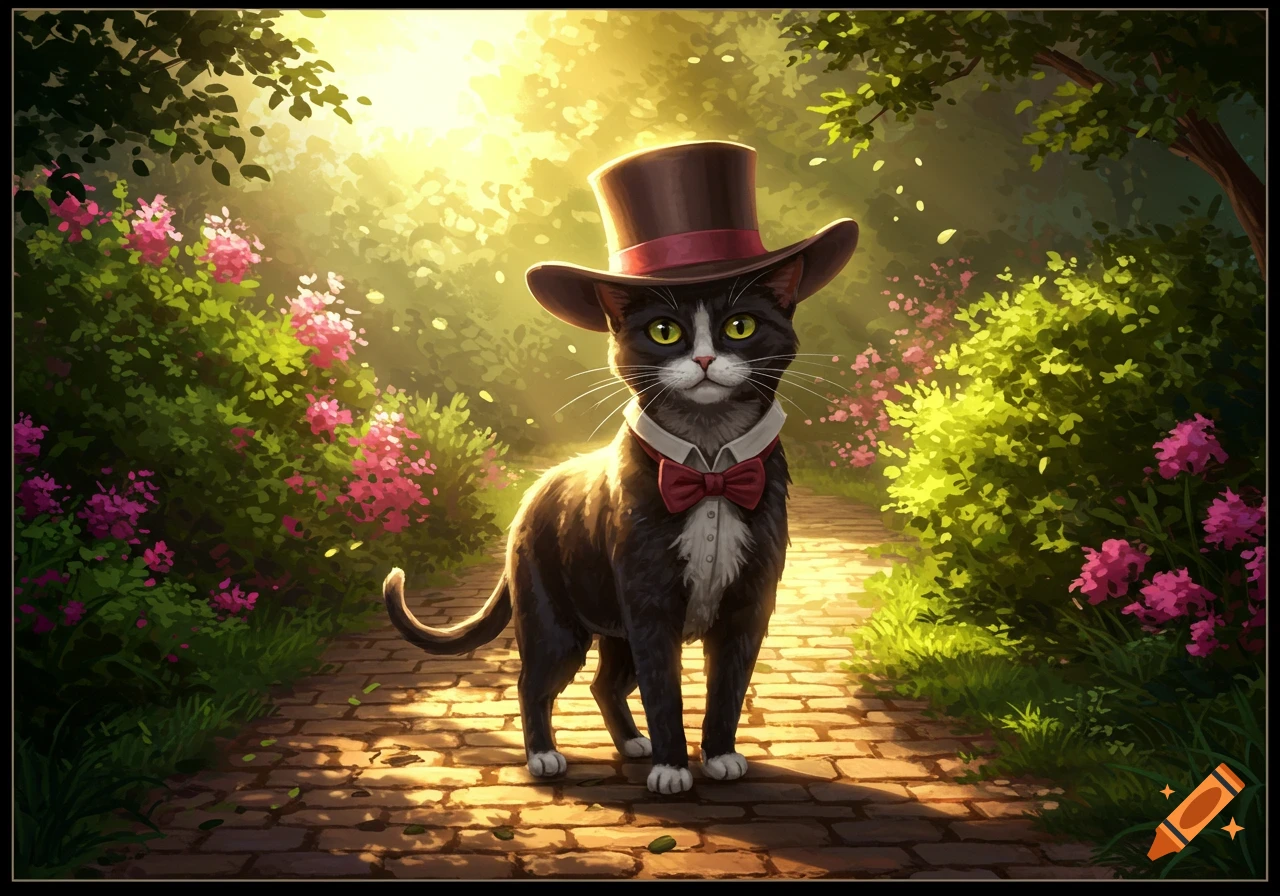 A black and white tuxedo cat wearing a brown top hat and red bow tie stands on a sunlit brick path in a lush garden with pink flowers.