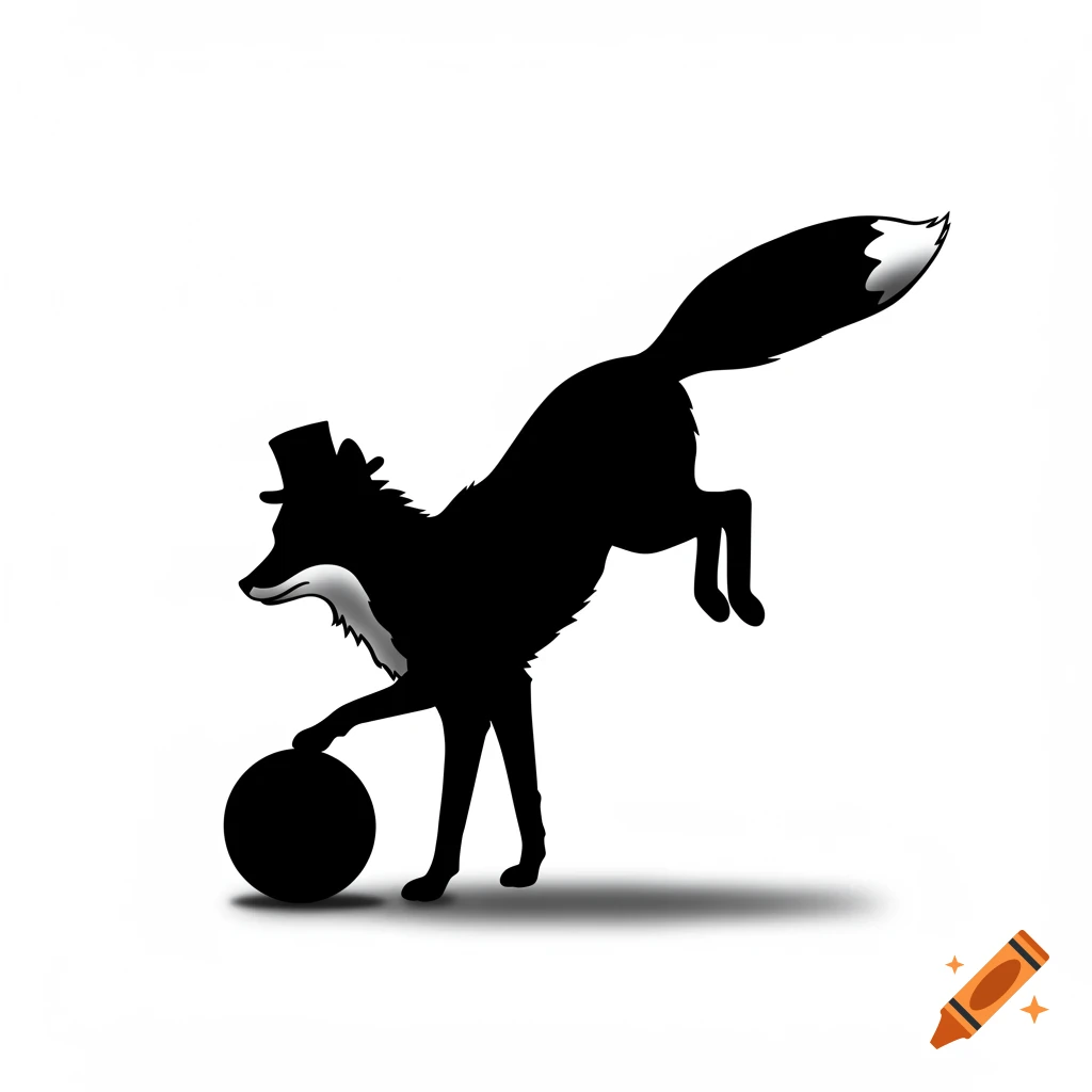 Black silhouette of a fox in a top hat with one paw on a soccer ball.