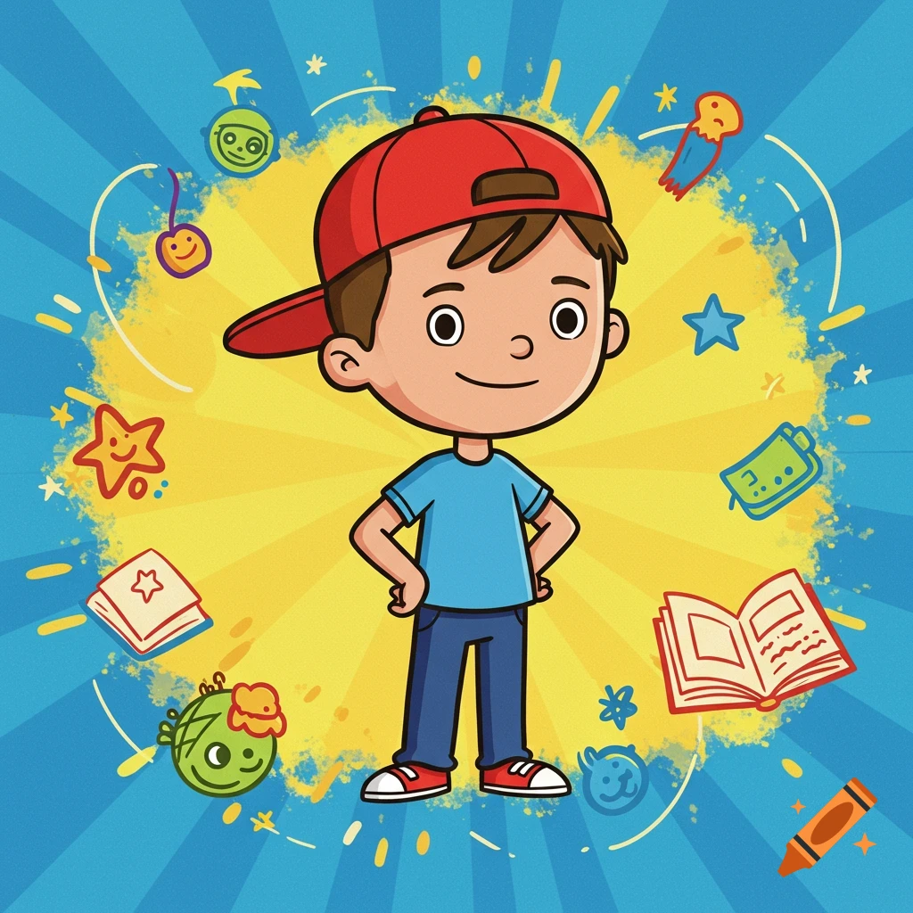Cartoon illustration of a boy in a red cap and blue shirt, standing with hands on hips against a yellow and blue background with various floating doodles.