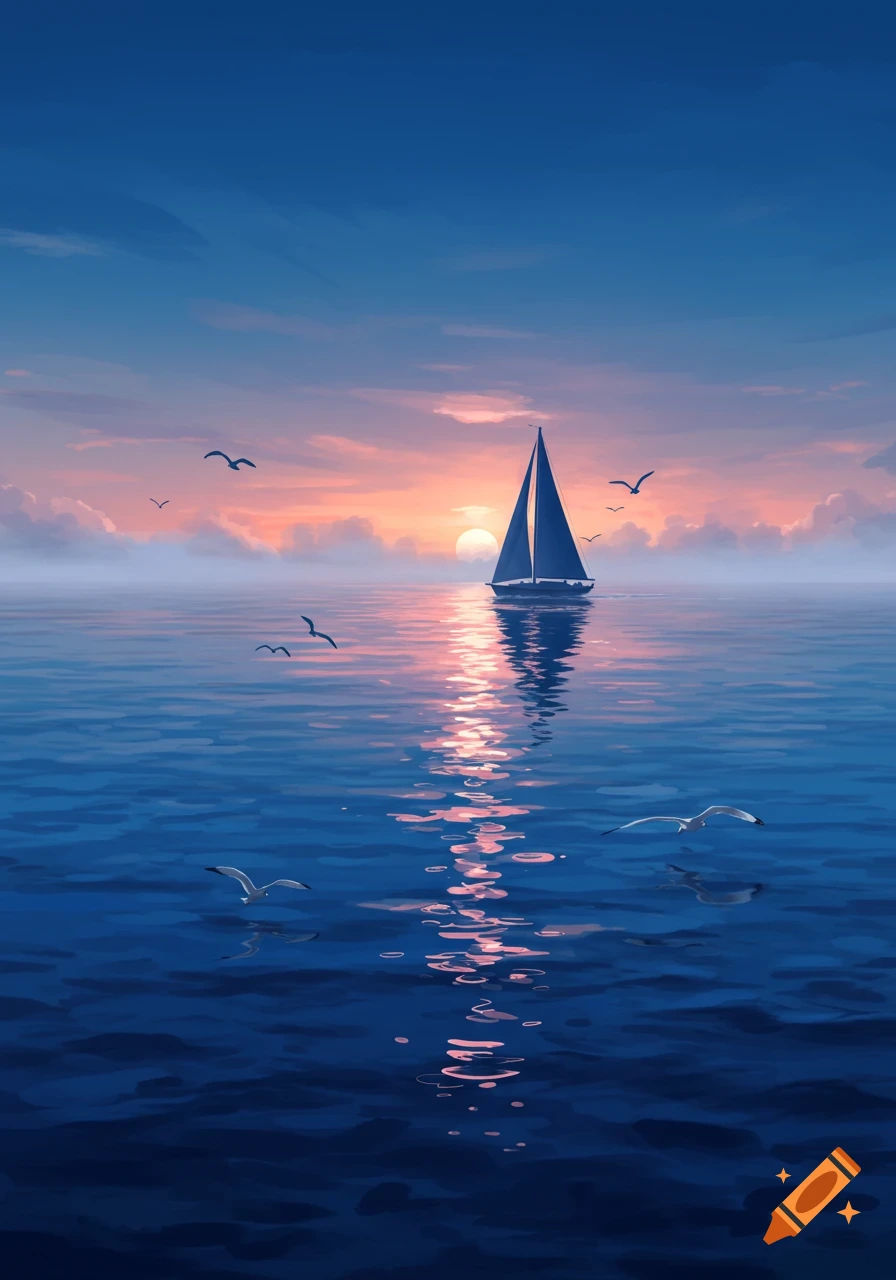 A stylized painting of a sailboat on calm water with a vibrant sunset and reflections. Several seagulls fly in the sky and near the water.