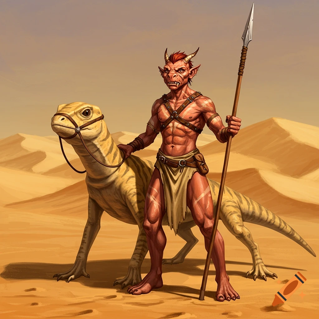 A muscular, red-skinned Kobold warrior with horns and a spear stands next to a striped desert lizard in a sandy dune landscape.
