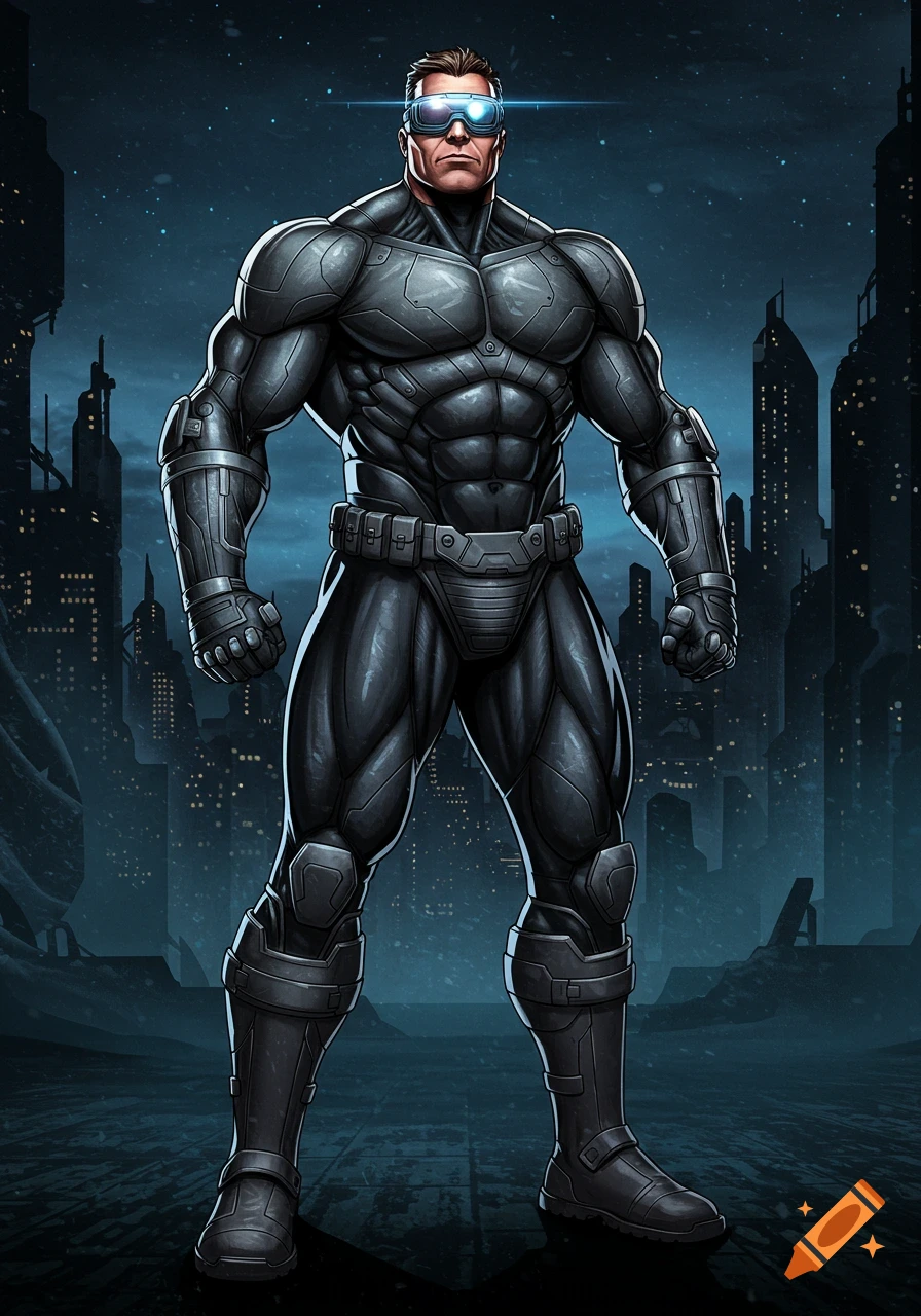 Muscular male superhero in a dark armored suit and glowing goggles stands in a futuristic city at night, comic art style.