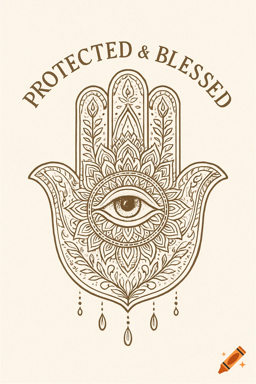 Intricate boho-style Hamsa hand with an eye in the center, surrounded by a detailed mandala pattern, with 'Protected & Blessed' text arcing above.