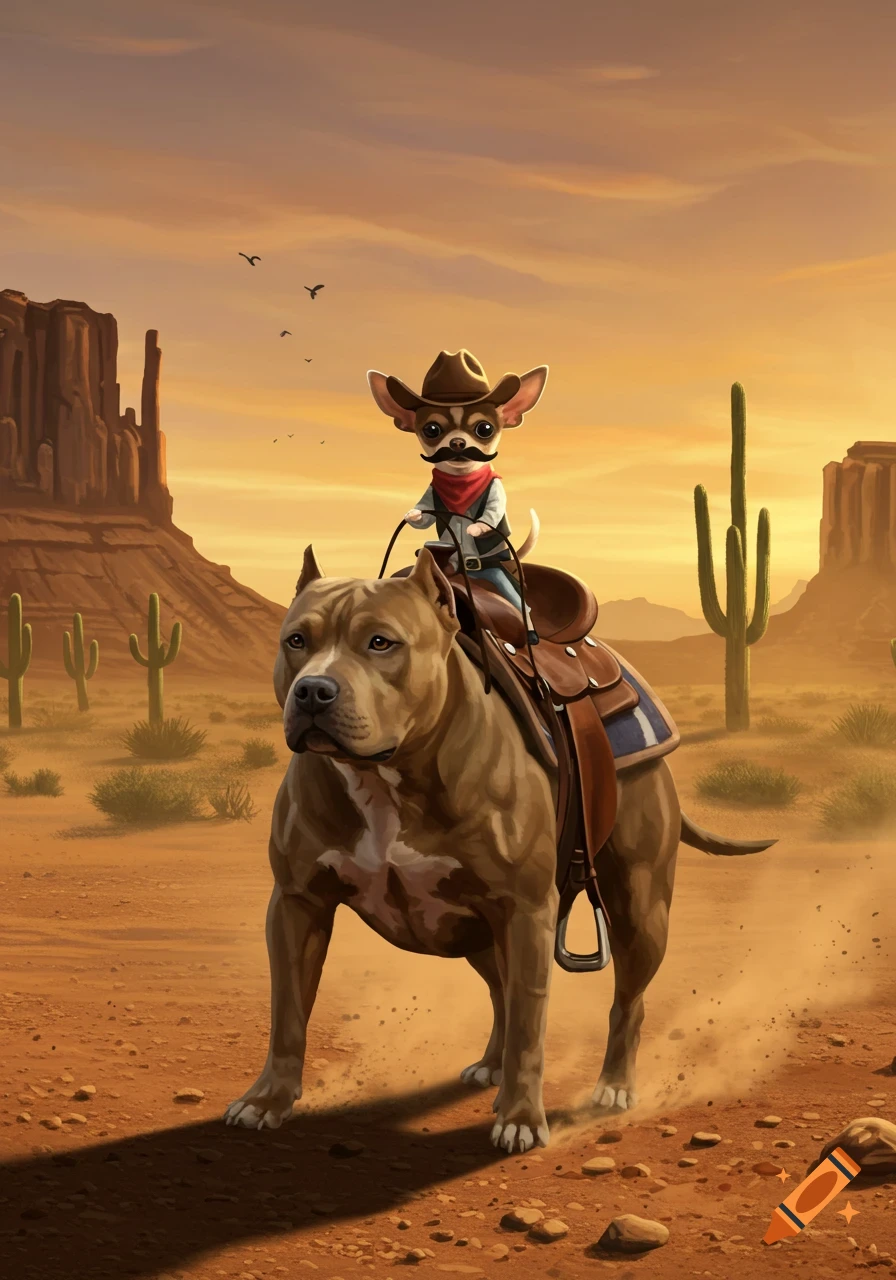 An illustration of a chihuahua in a cowboy hat and mustache riding a pitbull through a desert with mesas and cacti.