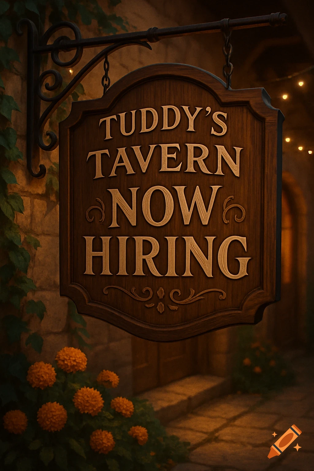 A rustic wooden sign for Tuddy's Tavern, lit by string lights at night, with 'TUDDY'S TAVERN NOW HIRING' engraved on it.