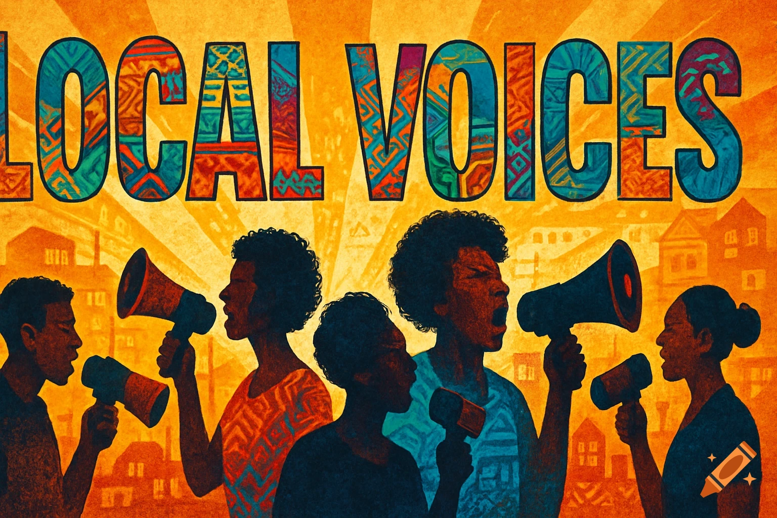 A vibrant illustration of silhouettes of people shouting into megaphones under the bold text 'LOCAL VOICES' on an orange background.