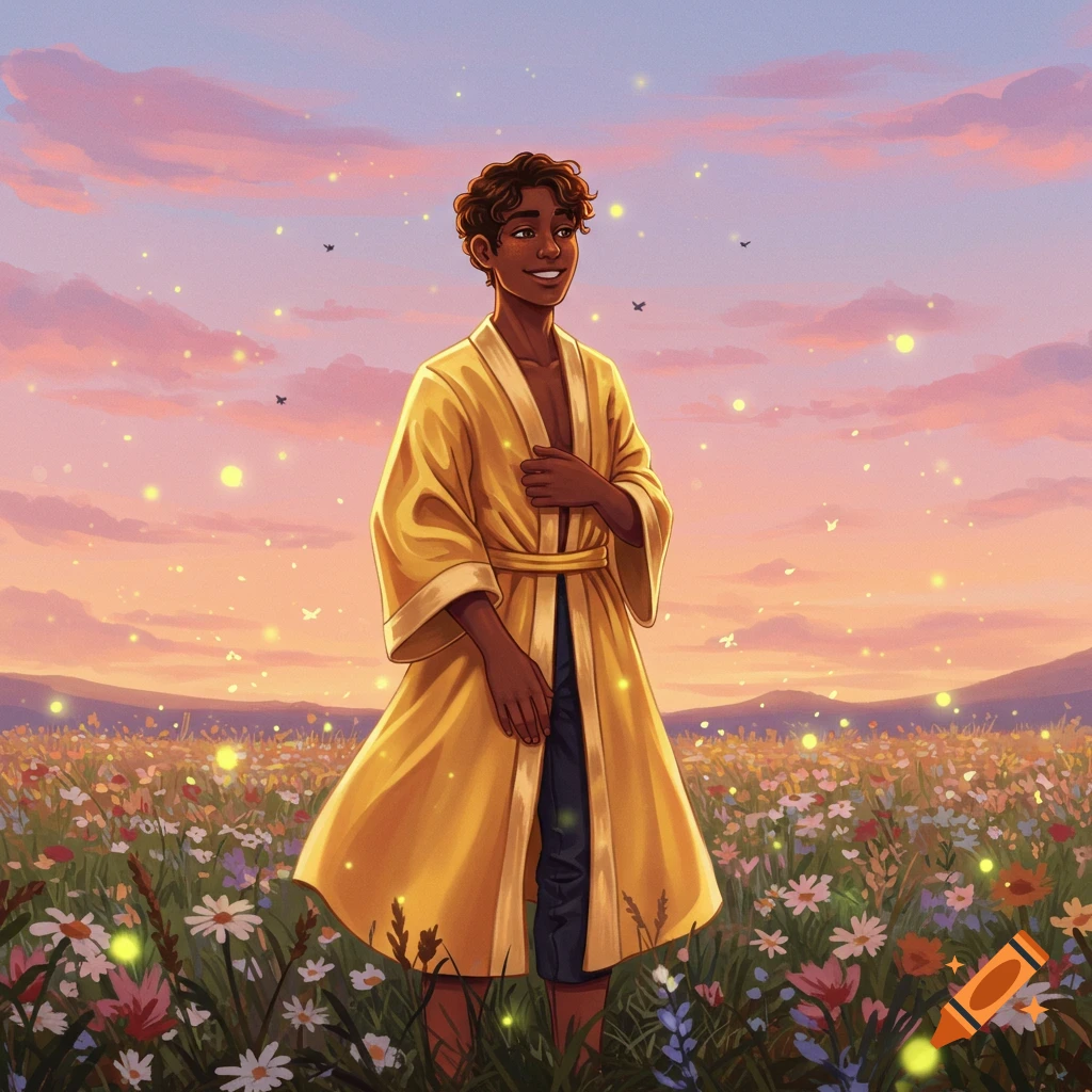 A smiling person in a yellow robe stands in a vibrant wildflower field at sunset, with glowing fireflies around them.