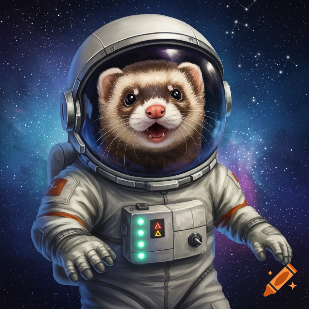 A cute ferret with brown markings wearing an astronaut suit floats in space surrounded by stars.