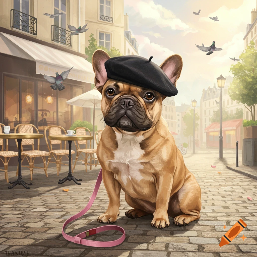 A cute French bulldog wearing a black beret sits on a cobblestone street with a pink leash, in front of a Parisian cafe with pigeons flying. Illustration style.