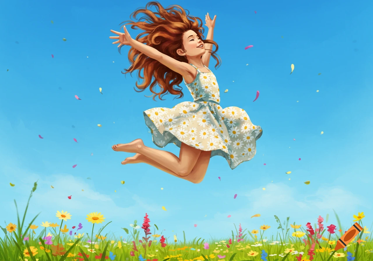 A joyful young girl with red hair jumps high in a daisy dress above a vibrant wildflower field under a blue sky, in an illustrative style.