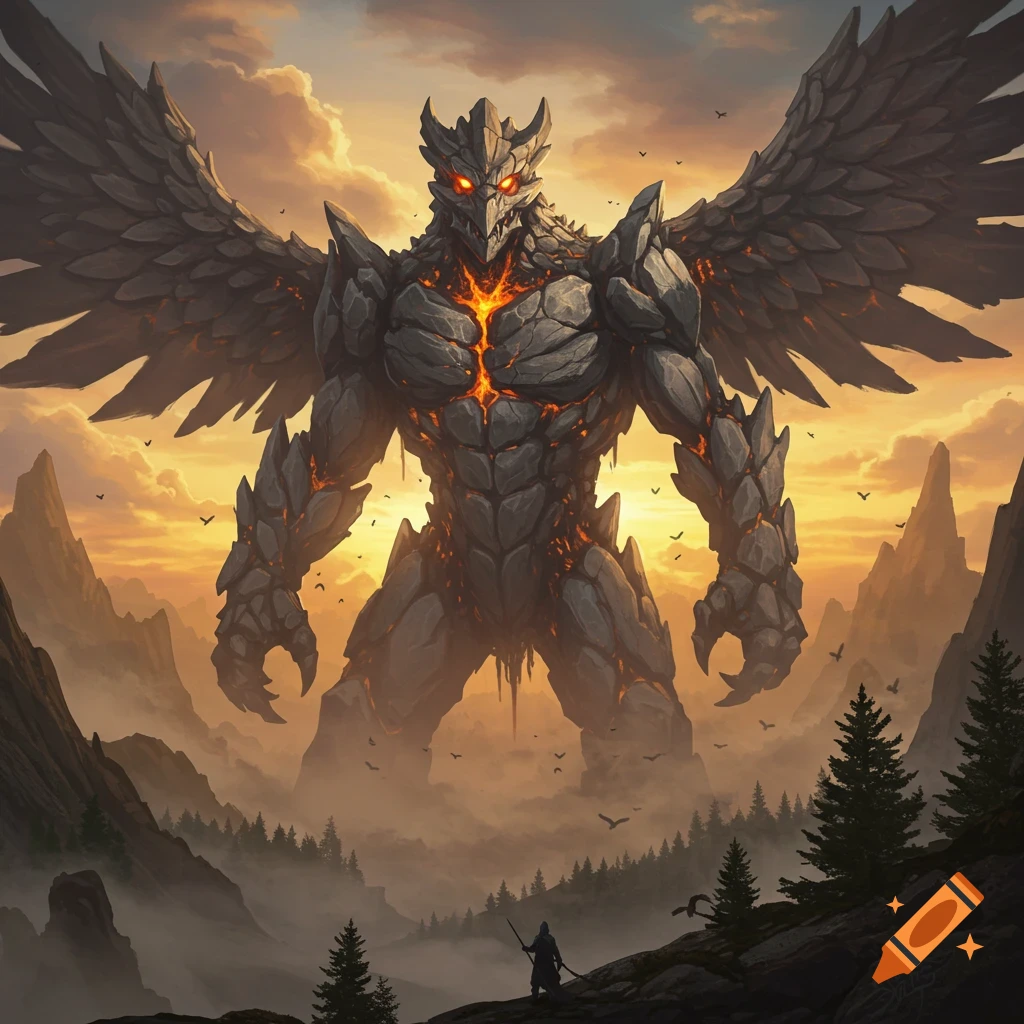 A colossal winged rock monster with glowing lava cracks stands over a small human figure in a misty, mountainous landscape at sunset.