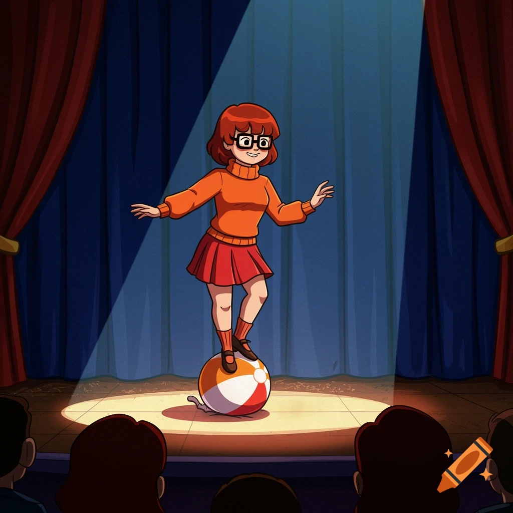 Velma Dinkley balances on a striped beach ball under a spotlight on a stage.