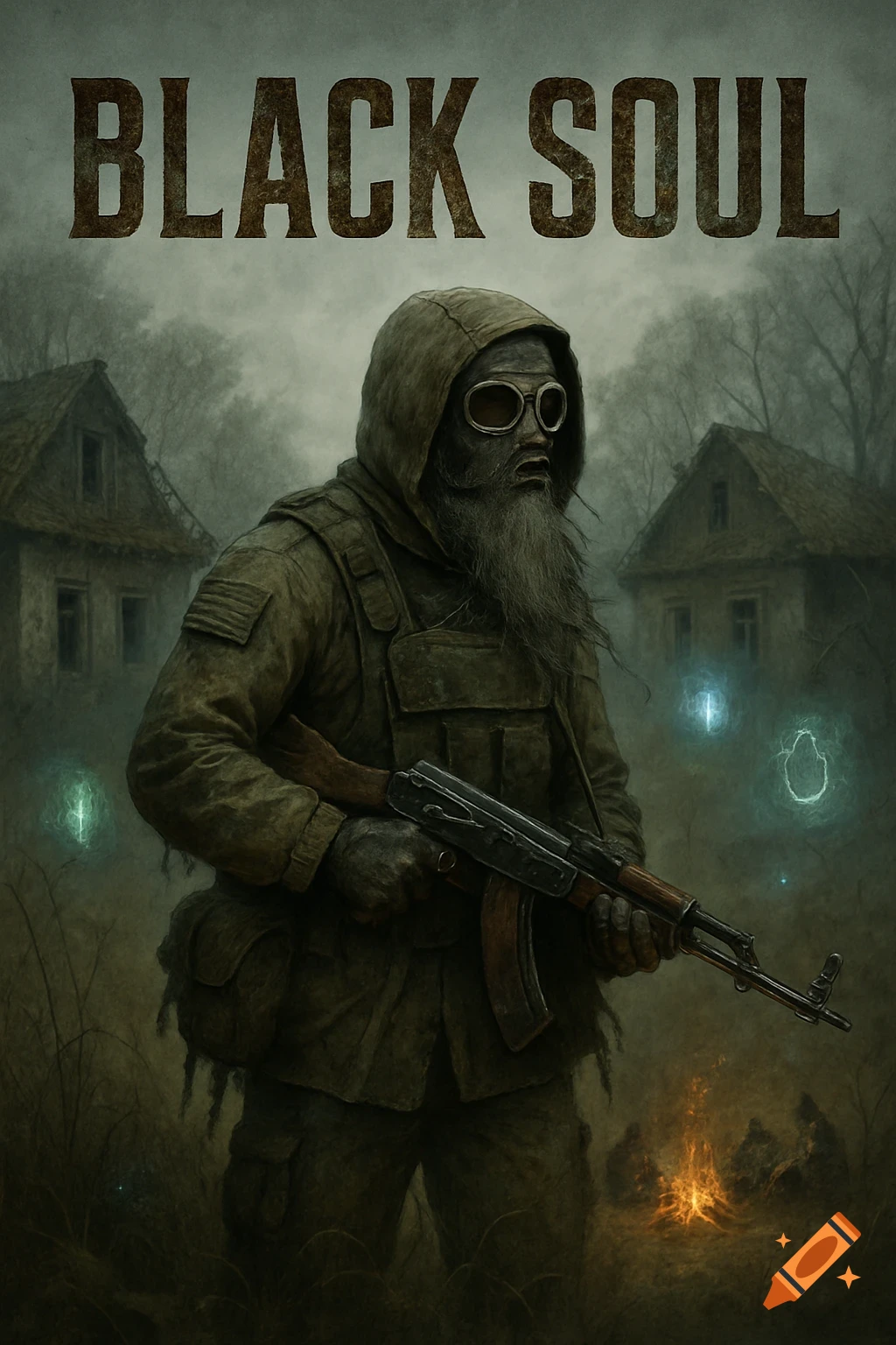 A bearded man in a hooded jacket and goggles holding a rifle in a foggy, post-apocalyptic landscape with ruined buildings. Text: BLACK SOUL.