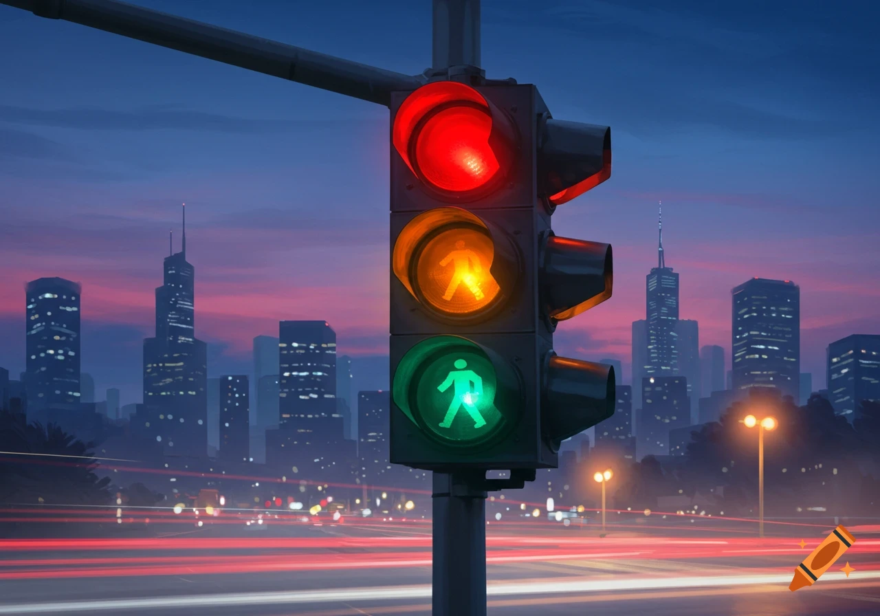 Photorealistic image of a traffic light at night in a city with illuminated skyscrapers and car light trails.