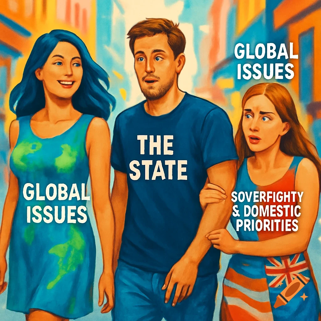 A man labeled 'THE STATE' looks at a woman labeled 'GLOBAL ISSUES' while walking with a distressed woman labeled 'SOVERFIGHTY & DOMESTIC PRIORITIES' in a political cartoon style.