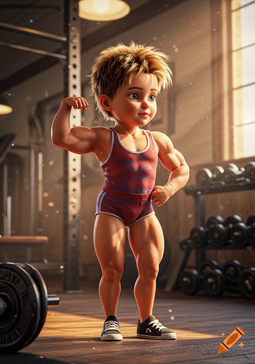 A cute cartoon boy with exaggerated muscles poses confidently in a gym, flexing his biceps and legs.