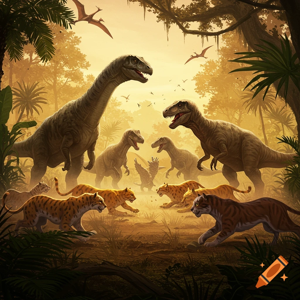 A large group of dinosaurs and saber-toothed cats are in a jungle clearing, poised for a confrontation under a golden sky.