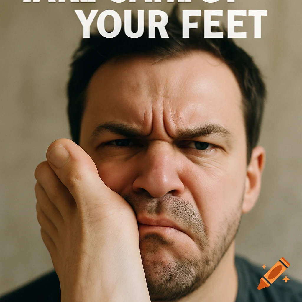 Closeup of a man making a disgusted face with a bare foot covering his mouth, with text 'TAKE CARE OF YOUR FEET' above.