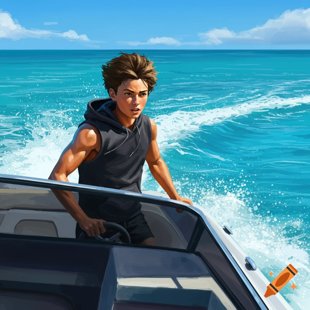 A muscular teen boy in a sleeveless hoodie drives a fast speedboat across a blue ocean under a sunny sky.