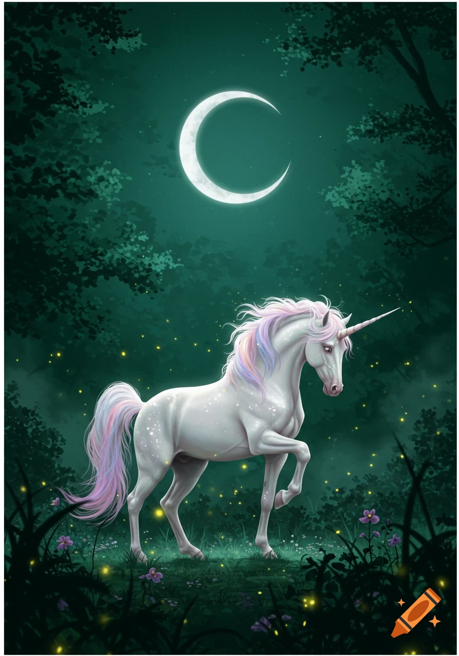 A white unicorn with a pink and purple mane and tail stands in a dark magical forest under a crescent moon, with fireflies glowing around it.