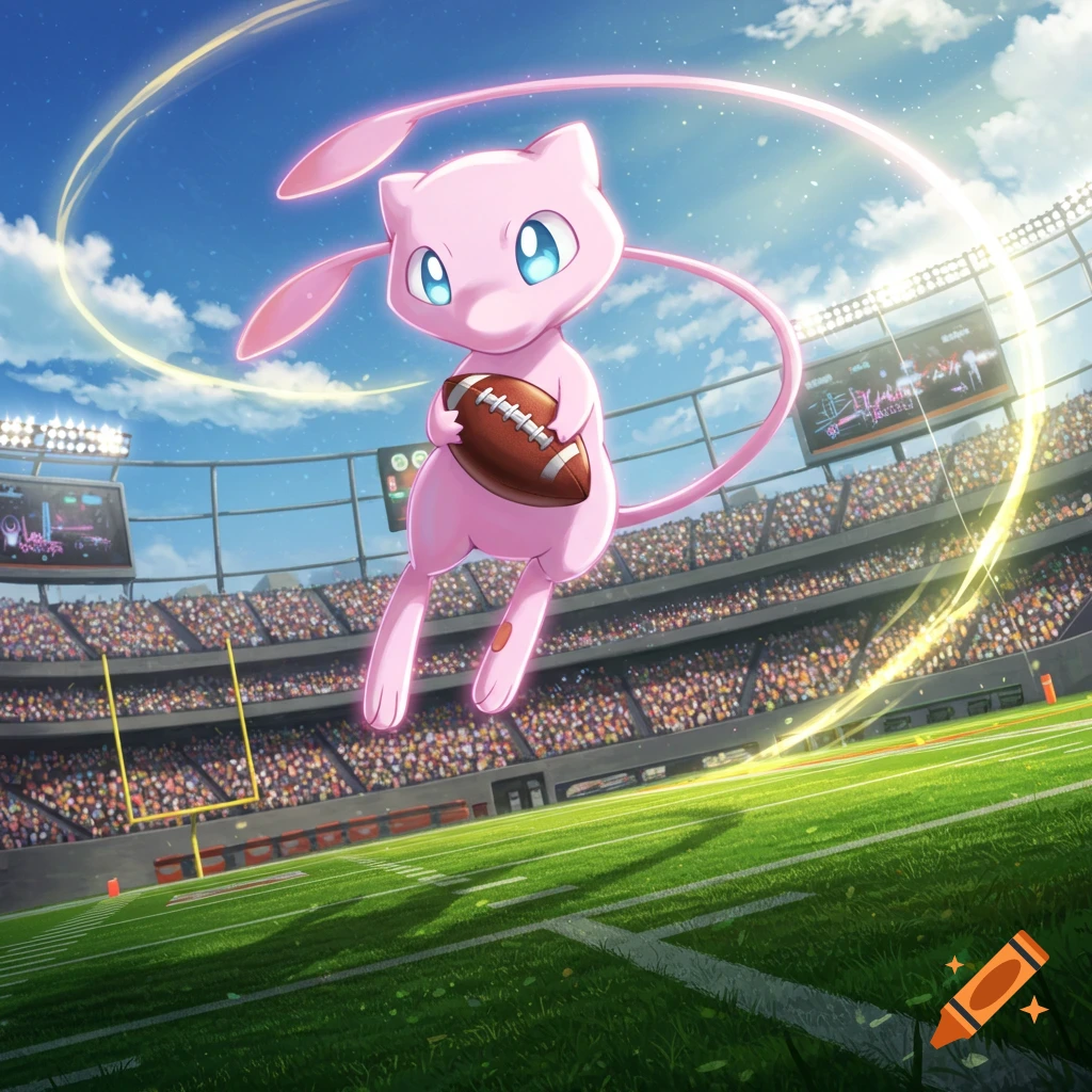 A pink cartoon Pokemon, Mew, floats in a sunlit American football stadium, holding a brown football. The stands are full of spectators.
