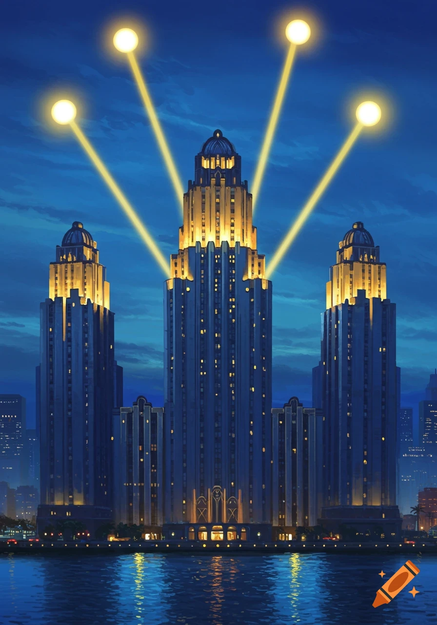 Three illuminated art deco skyscrapers with searchlights beaming into the night sky, reflected in a bay.