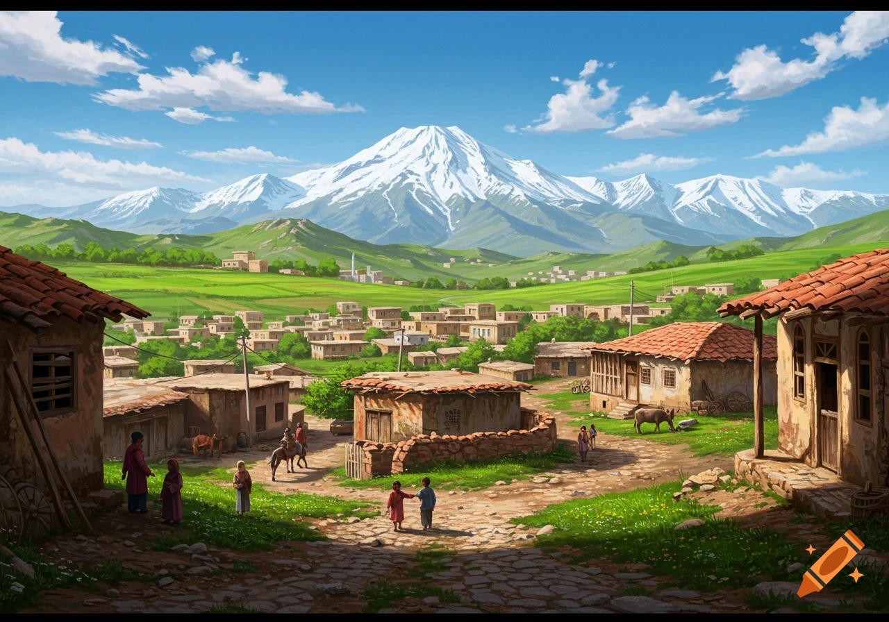 Illustrated village at the foothills of snow-capped mountains, with old houses, people, and animals in unpaved alleys under a blue sky.