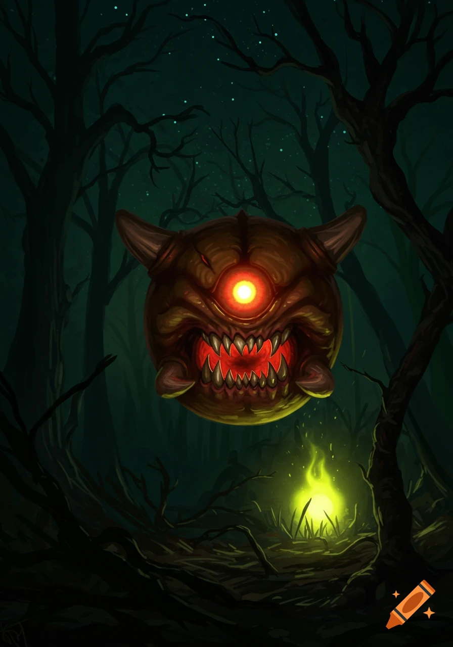 A reddish-brown, horned cacodemon with a glowing red eye and jagged teeth floats in a dark forest with a small light.
