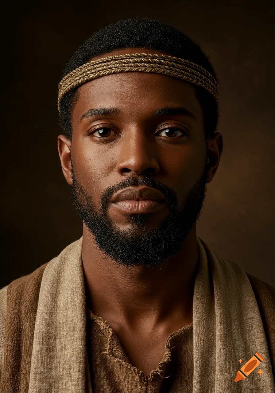 Photorealistic headshot portrait of a young brown-skinned man with a beard and headband, wearing traditional clothing.