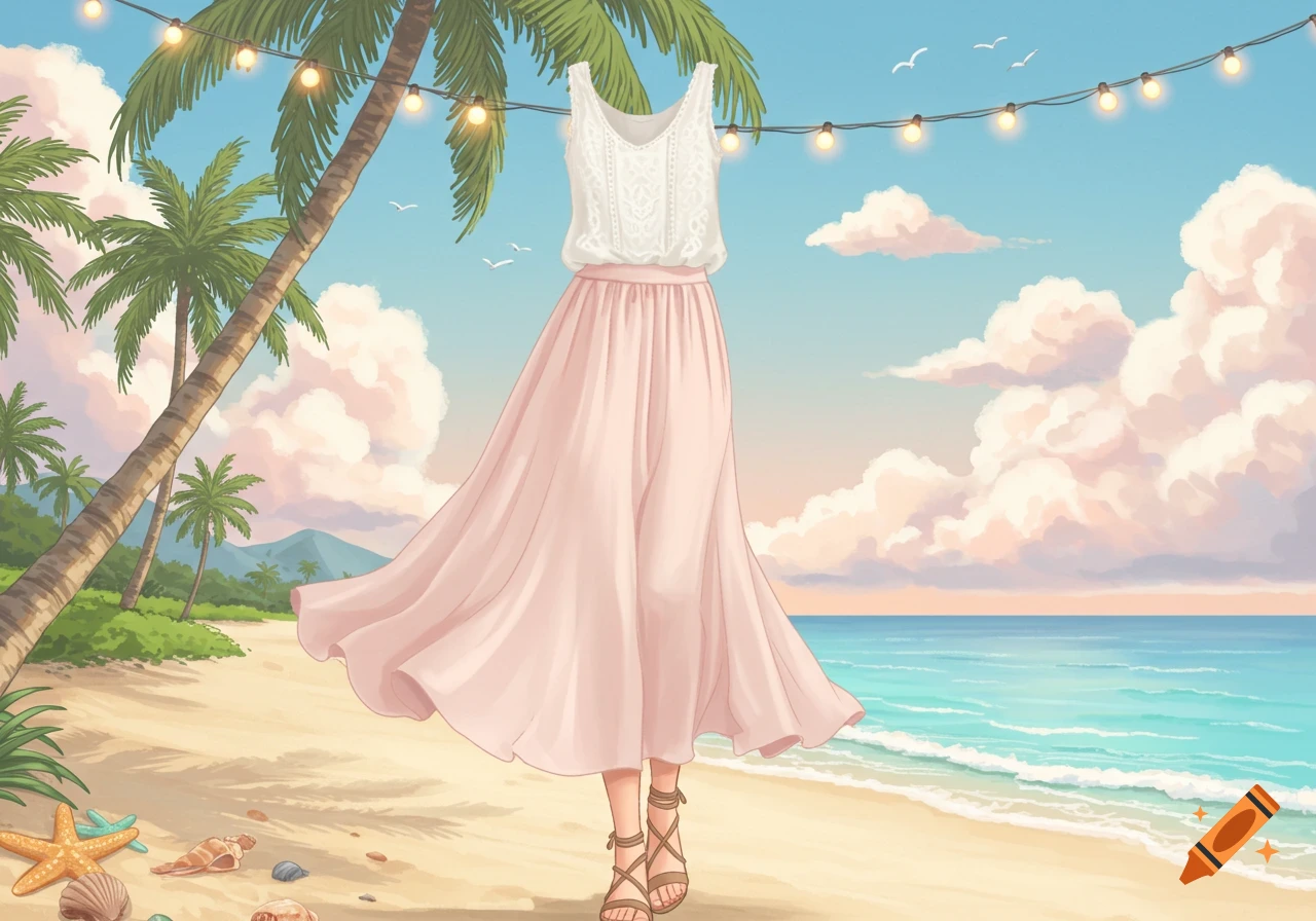 A white lace top and pastel pink skirt float on a tropical beach with palm trees and string lights.
