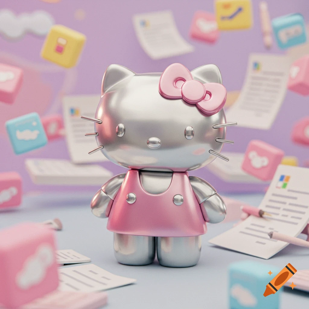 A shiny metallic Hello Kitty figurine with a pink bow and dress stands amidst floating office papers and app icons on a pastel background.