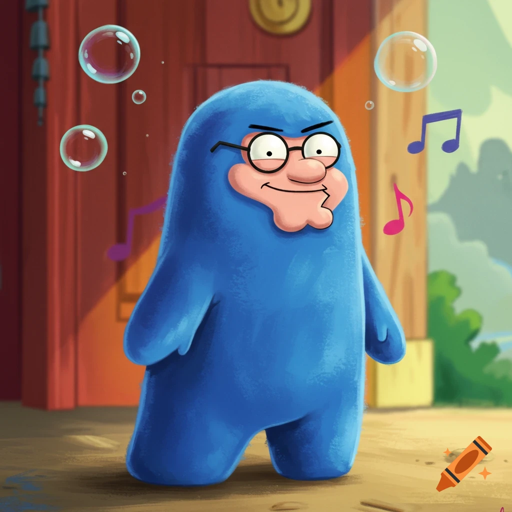 A blue cartoon character with Peter Griffin's face and glasses stands in front of a door with bubbles and musical notes.