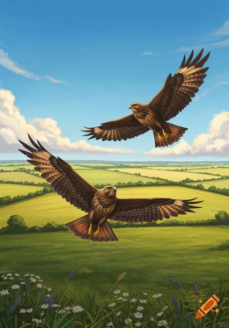 Two brown buzzards with outstretched wings soar above rolling green fields under a blue sky with white clouds in an illustrative style.