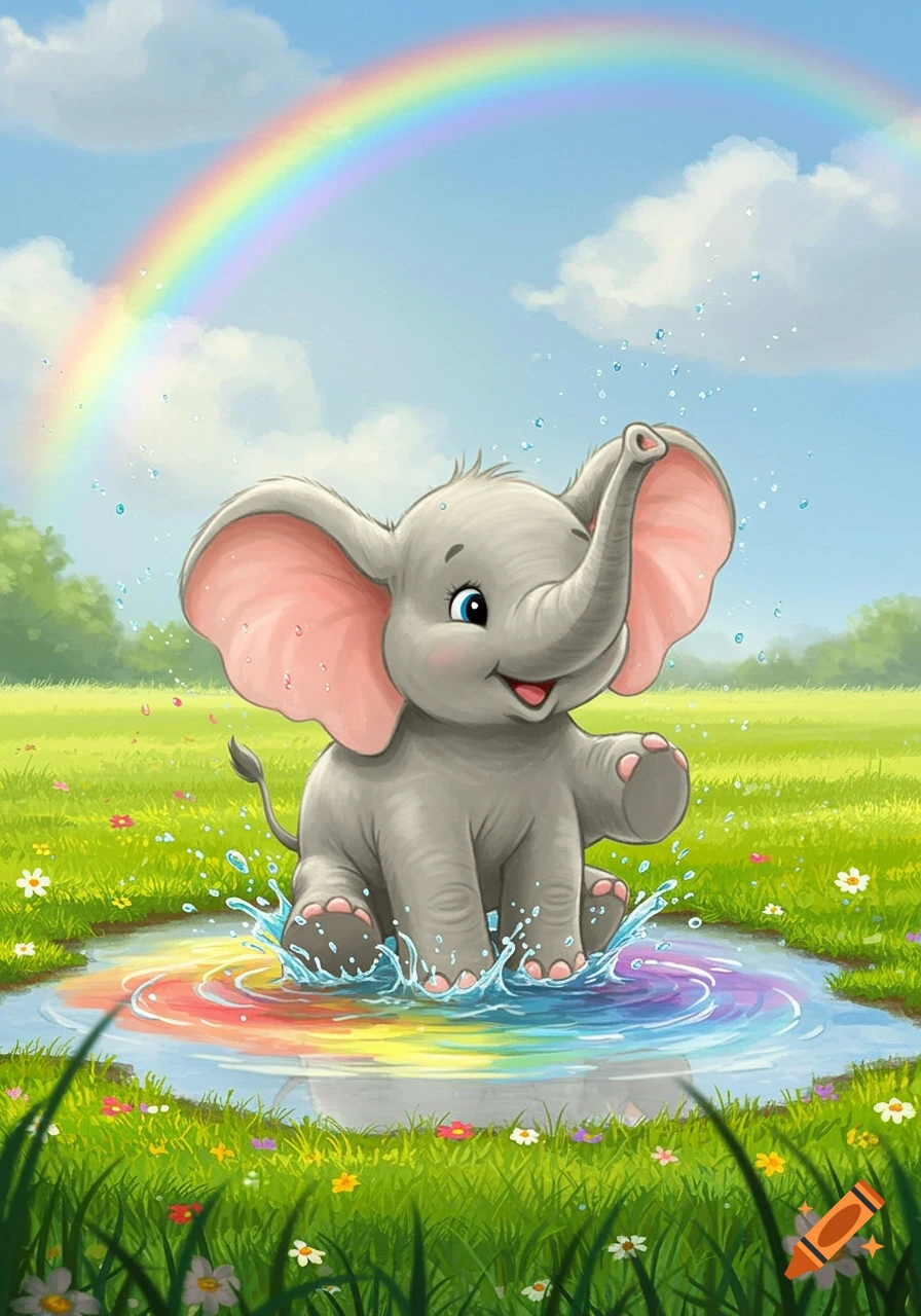 A cute cartoon baby elephant splashes happily in a rainbow puddle in a green field under a bright rainbow.