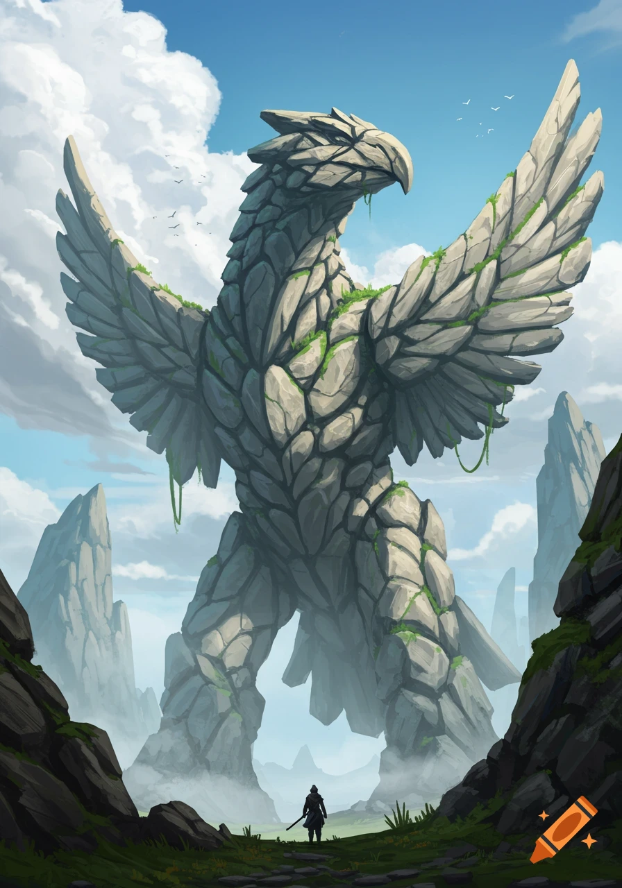 A colossal stone bird-like creature looms over a small figure in a vast, cloudy mountain landscape.