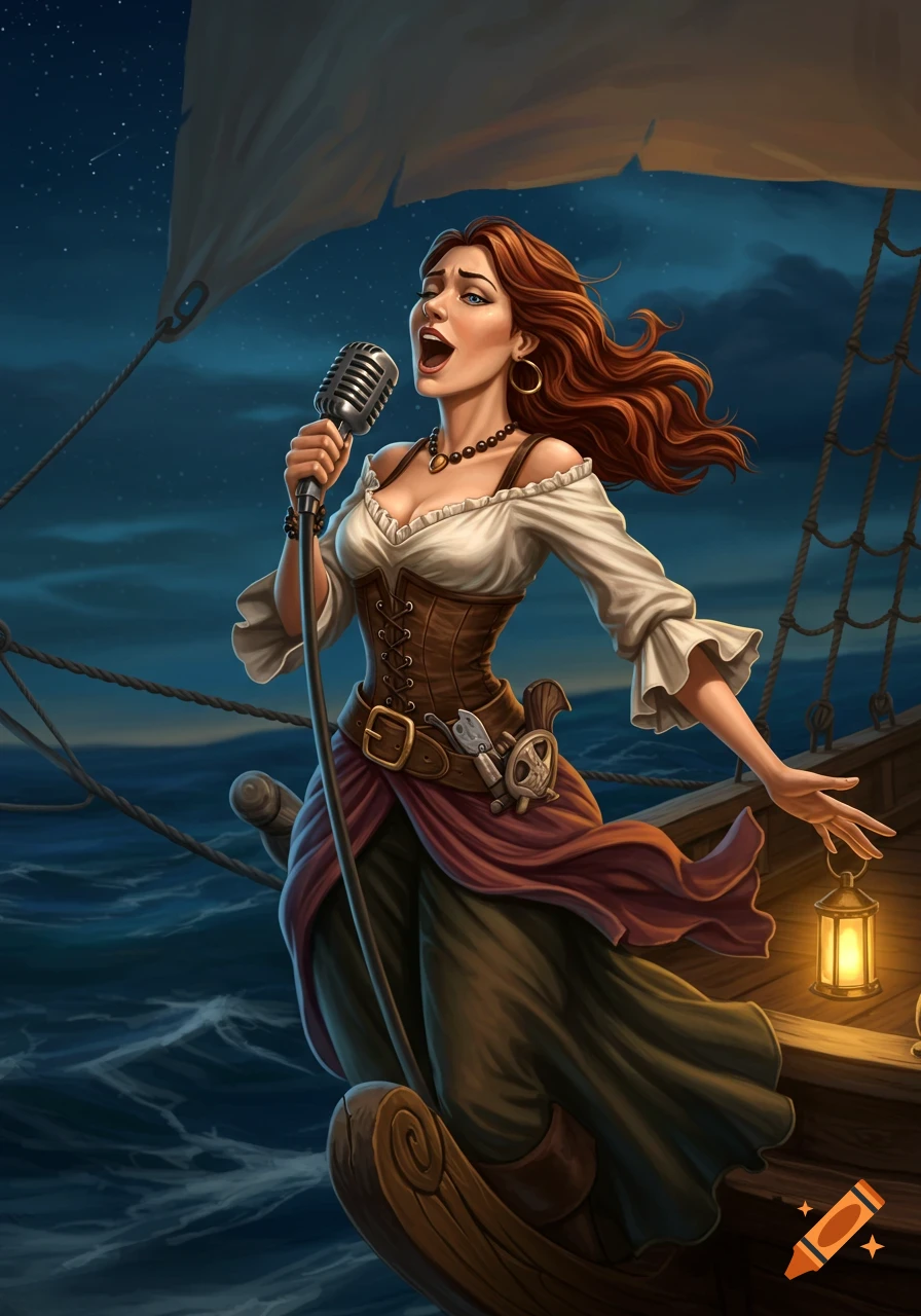 A spirited pirate woman with flowing red hair sings passionately into a vintage microphone on a ship's bow at night, stormy seas below.