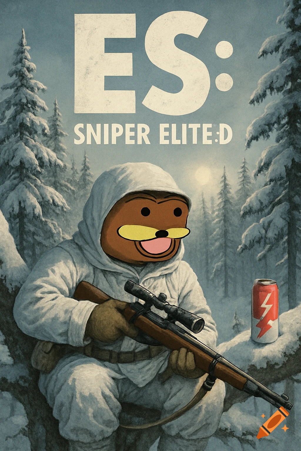 A stylized game cover illustration of Spurdo Spärde as a winter sniper in a snowy forest, holding a rifle, with a can beside him. Text reads "ES: SNIPER ELITE:D" at the top.