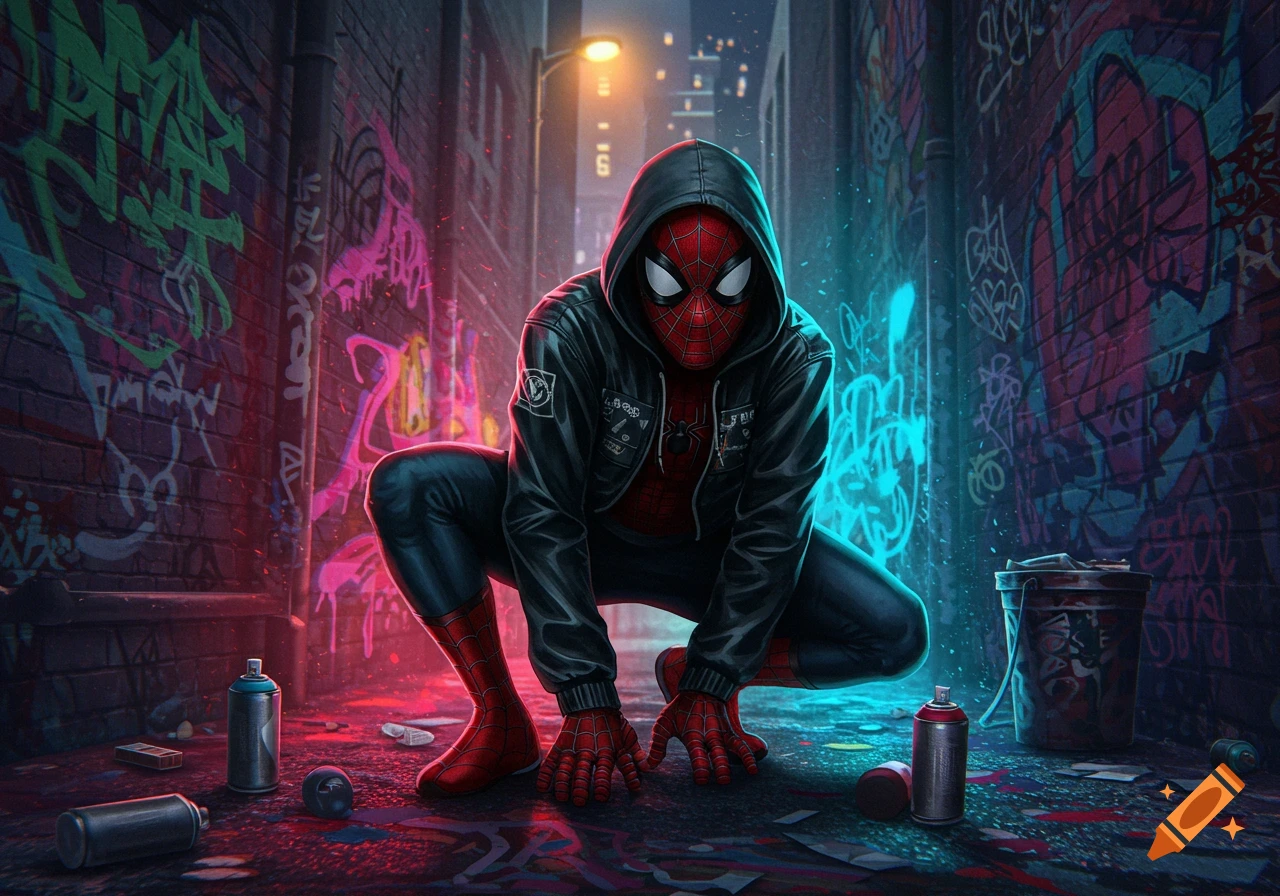 Spider-Man in a black hoodie crouches in a neon-lit, graffiti-covered urban alley with spray paint cans on the ground, in a detailed digital art style.