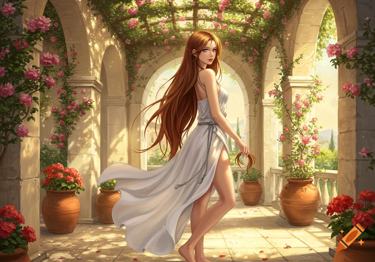 Anime woman with long brown hair in a white dress stands in a rose-covered archway garden.