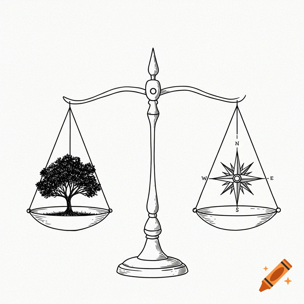 Line art illustration of a balancing scale with a tree on one side and a compass on the other.