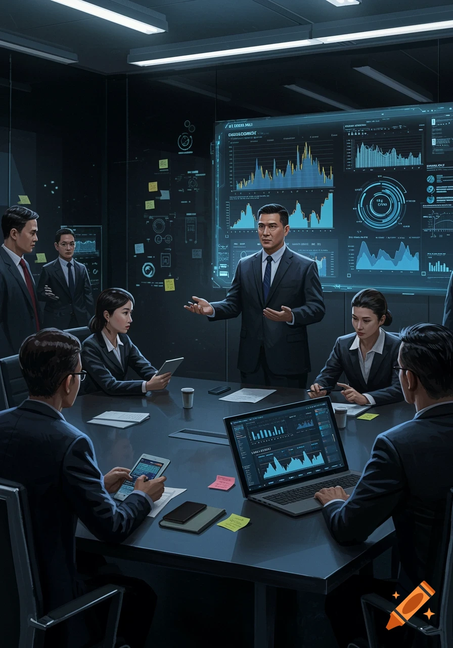 A group of professionals in suits gathered around a conference table with laptops, tablets, and a large data display screen in a modern, dark meeting room.