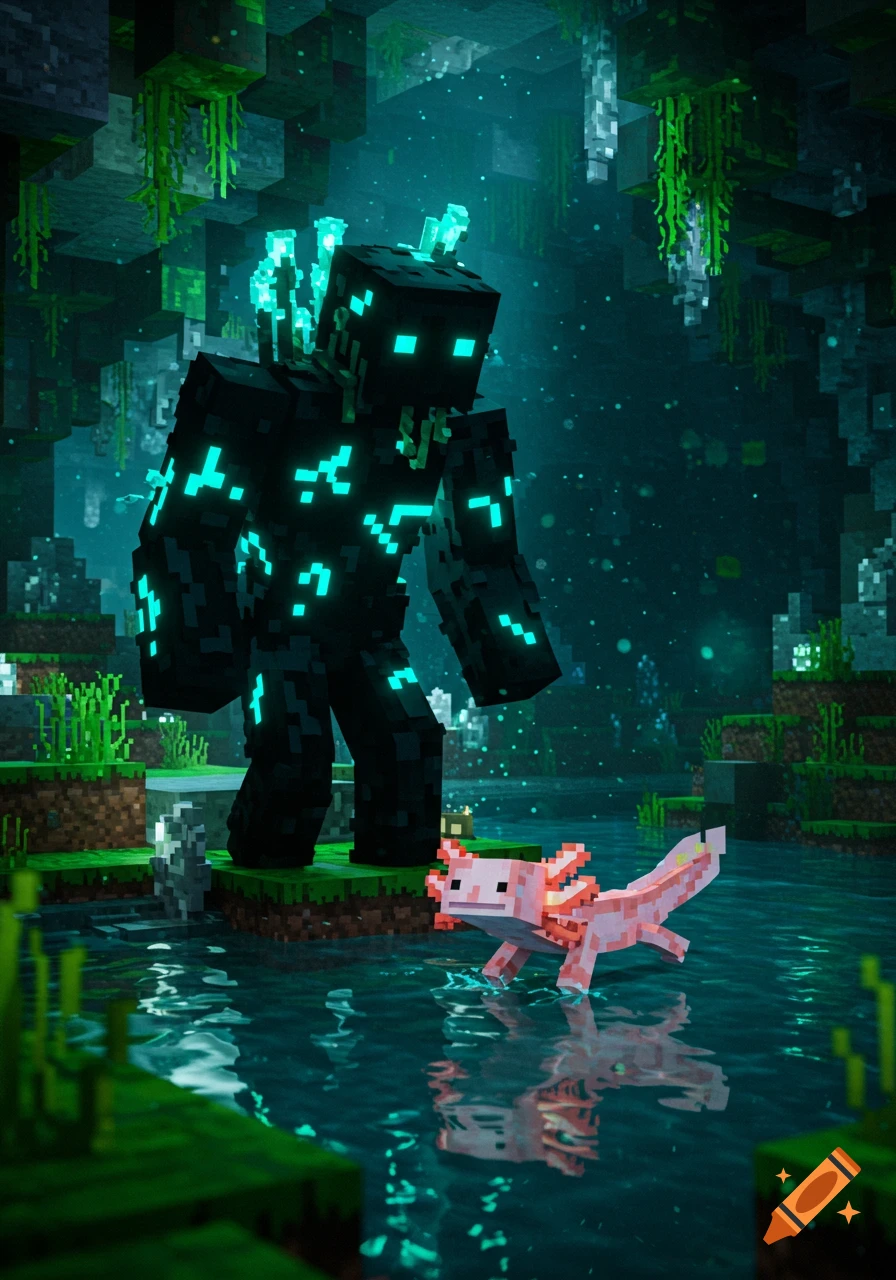 A Minecraft Warden and a pink axolotl in a glowing green cave with water.