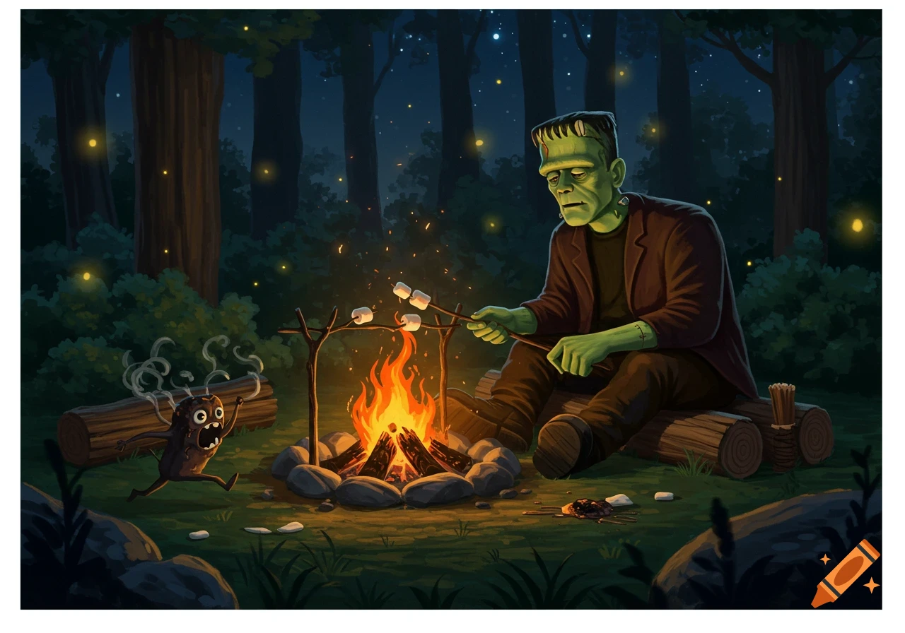 Frankenstein roasts marshmallows by a campfire at night as a scared, singed marshmallow monster runs away.