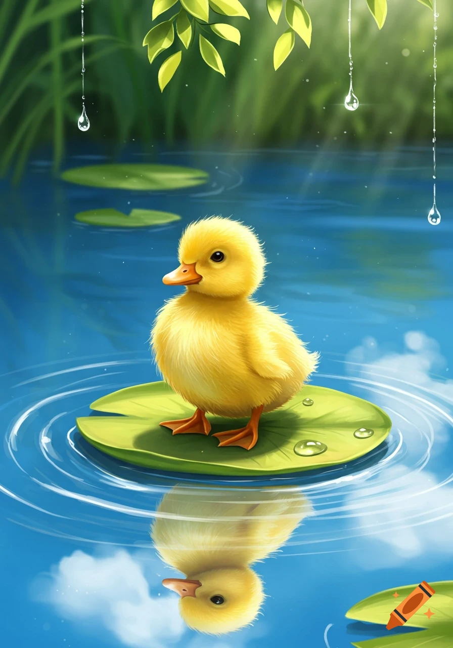 An illustrated cute yellow duckling stands on a green lily pad in a blue pond, with its reflection visible.
