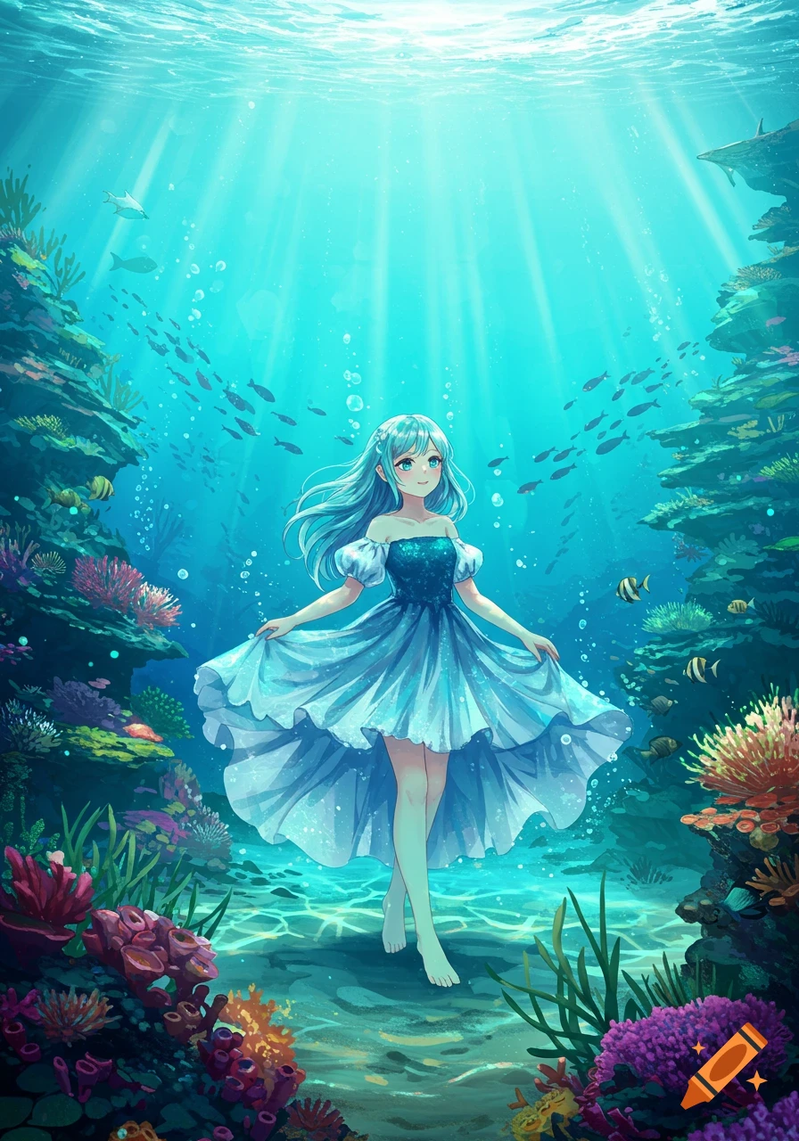 Anime girl with blue hair in a flowing blue dress stands on a vibrant coral seabed with fish and sunlight streaming through clear water.