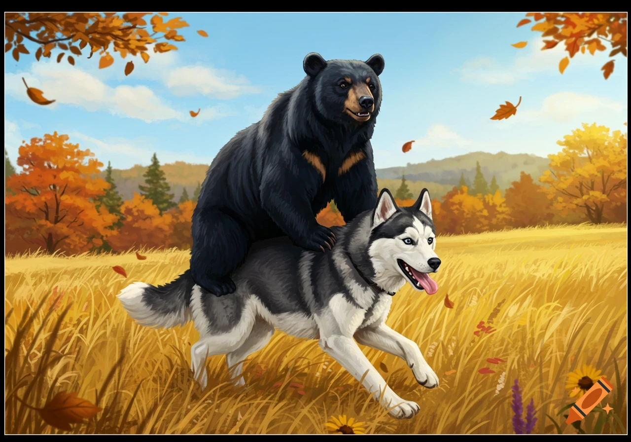 An illustration of a black bear riding a husky dog as they run through a golden autumn field with falling leaves and trees in the background.