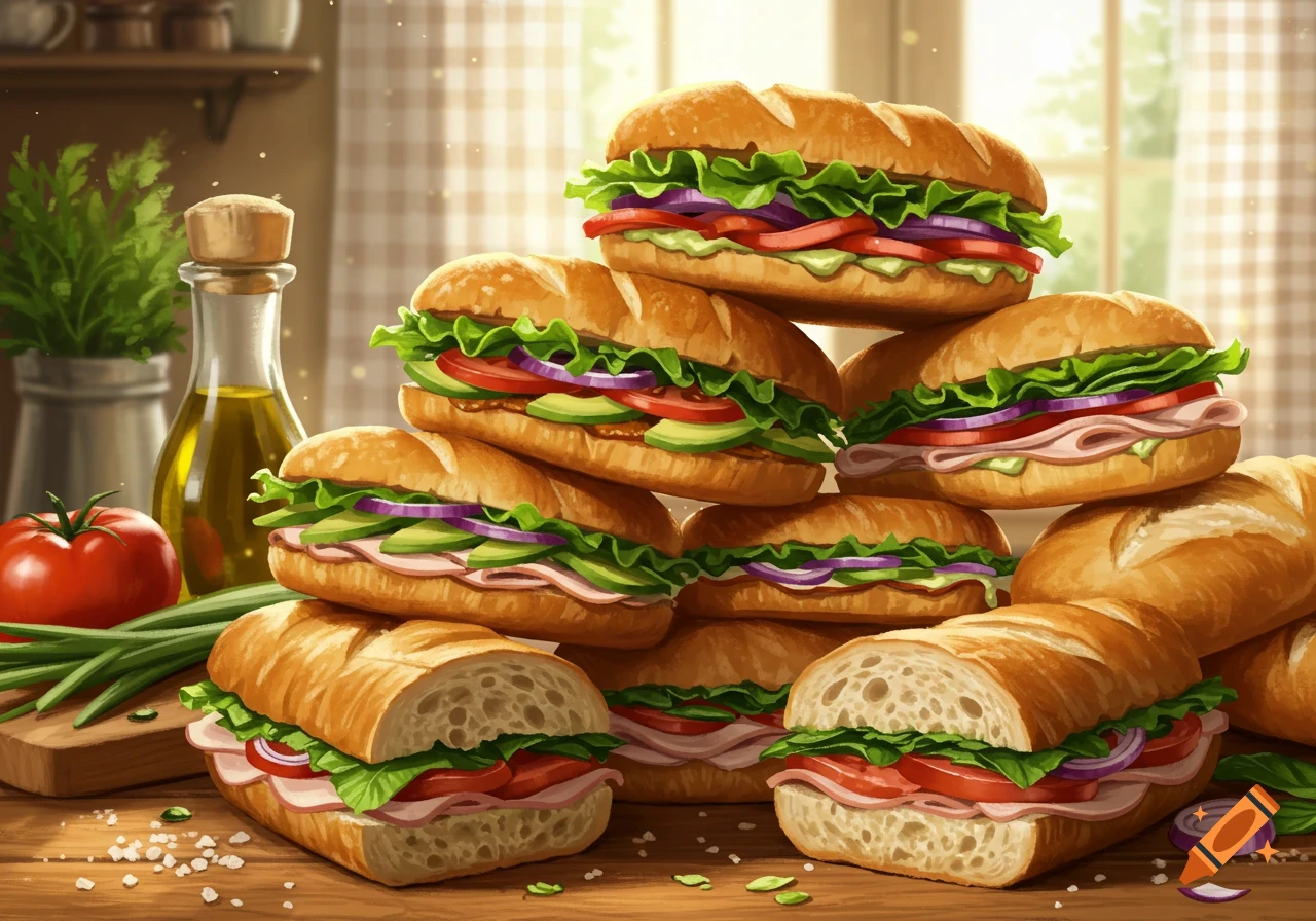A large pile of freshly made sub sandwiches with lettuce, tomatoes, red onions, avocado, and meat, on a wooden table in a kitchen.